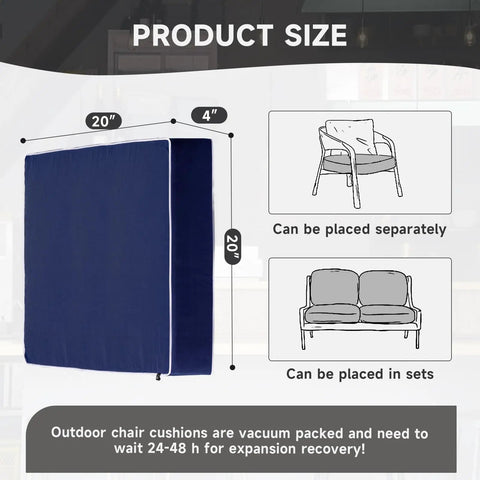 Product size chart showing a 2 Pack Outdoor Patio Chair Cushions 20x20x4 Navy Waterproof With Non Skid Ties High Density Foam.
