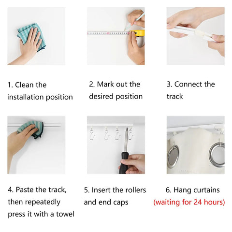 Self Adhesive Curtain Track Kit For Quick Stick On Install Ceiling Or Wall Mount 128 Inch Long No Drilling Damage Free Heavy Duty Hold For Drapes Easy Mount In Minutes, installation steps