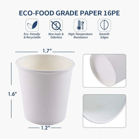 4 Oz Espresso Shot Cups Set 300 Pack White Mini Paper Cups For Coffee Tasting And Drink Samples size and eco-friendly features shown