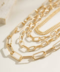 Close-up of Layered Five Layer Gold Plated And Silver Tone Paperclip Chain Necklace Set For Women 18 Inch with focus on gold chains