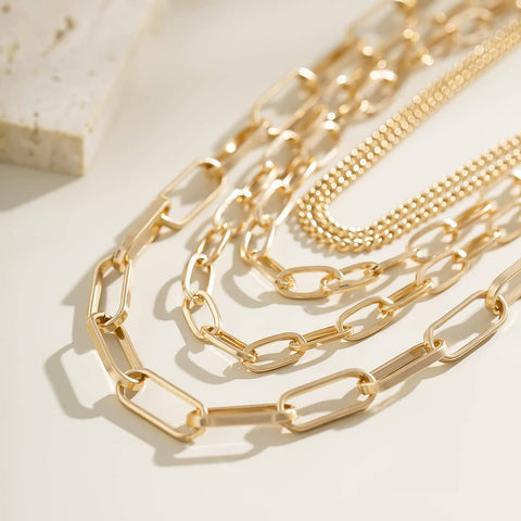 Close-up of Layered Five Layer Gold Plated And Silver Tone Paperclip Chain Necklace Set For Women 18 Inch with focus on gold chains