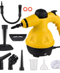 Beast 1000W Handheld Steam Cleaner with 10-Piece Accessory Kit for versatile cleaning, featuring a bright yellow body and black accents