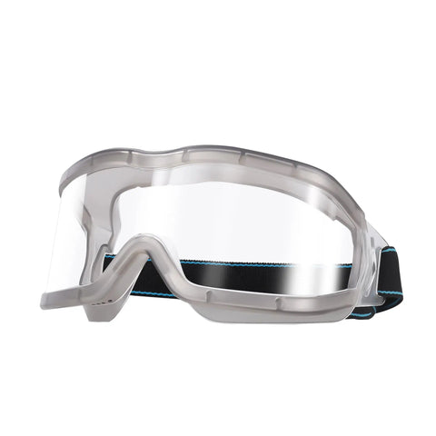 Clear oversized safety goggles that fit over glasses for lab work, chemistry and DIY projects, featuring vent design and anti-fog lens.
