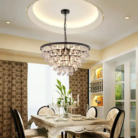 Black 24 Inch Crystal Chandelier With 5 Tier Raindrop Cascades Adjustable Hanging Pendant Light For Dining Room