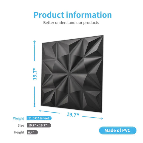 Product information showing Black Diamond 3D Wall Panels Pack Of 12 Tiles 32 Sq Ft Dope Matte Black PVC Decor For Interior Walls