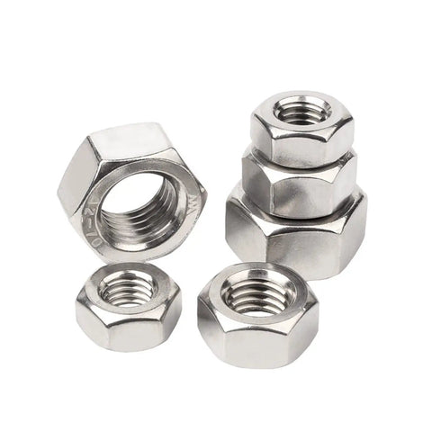 Sturdy M6 Stainless Steel Hex Nuts Set 304 18-8 Thread 1.0, 70pcs, corrosion resistant for indoor and outdoor use, shown stacked and separated.