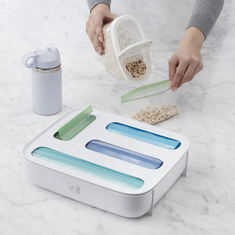 StoraBag Drawer Food Bags Dispenser For Kitchen Storage 4 Slot Plastic Sandwich Bag Organizer with bags partially loaded