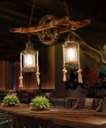 Retro Wood Pendant Lighting Fixture With Glass Shade And Black Metal Cage Frame in cafe setting, DIY Ceiling Lamp Fitting.