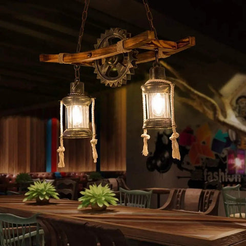 Retro Wood Pendant Lighting Fixture With Glass Shade And Black Metal Cage Frame in cafe setting, DIY Ceiling Lamp Fitting.