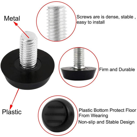 Close-up of Premium Adjustable Leveling Feet With Screw On Mount M6 Thread showing metal and plastic parts for durable furniture adjustment.