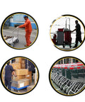 4 Pack 4 Inch Red Polyurethane Swivel Caster Wheels With Brake shown in use transporting carts and packages in various settings.
