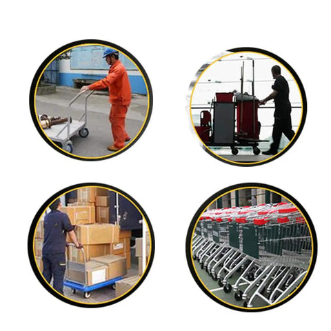 4 Pack 4 Inch Red Polyurethane Swivel Caster Wheels With Brake shown in use transporting carts and packages in various settings.