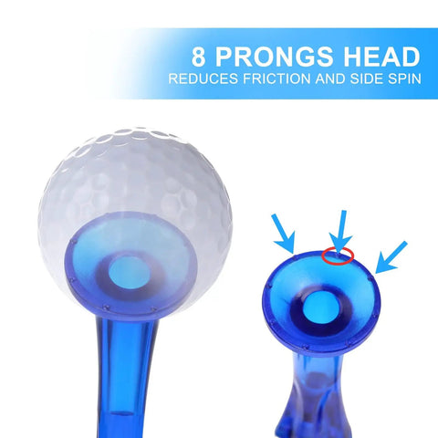 Close-up of unbreakable three and a quarter inch plastic golf tees 50 count blue built to last, showing 8 prongs for reduced friction.