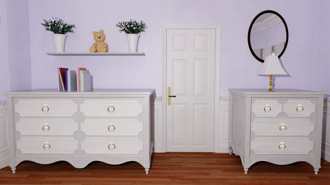 White dressers with installed 5 Pack 2.2 Inch Footed Nickel Ring Drawer Pulls For Cabinets And Cupboards in a bedroom setting.