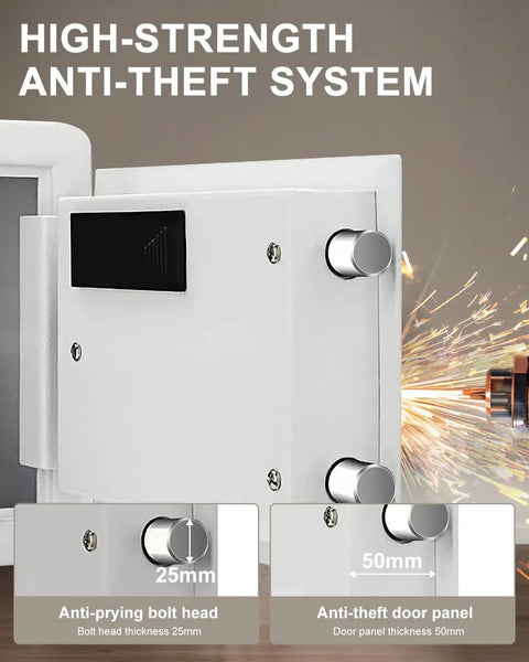 Biometric Fingerprint Home Safe With Quick Access Digital Lock Box 1.2 Cubic Feet White showing anti-theft bolt system
