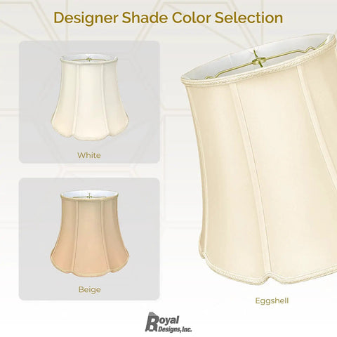 Designer shade color selection showing beige and eggshell options for Beige Tall Drum Lamp Shade With V Notch Fitter Hand Tailored Silk Shantung Fabric Brass Finish Spider 11 By 16 By 13 Inches Off White Lining Designer Style For Modern Living Room Lighting That Pops