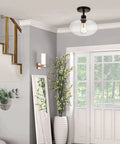 Semi Flush Mount Ceiling Light With Clear Glass Shade Modern Vintage Vibe Fixture in bright hallway setting.
