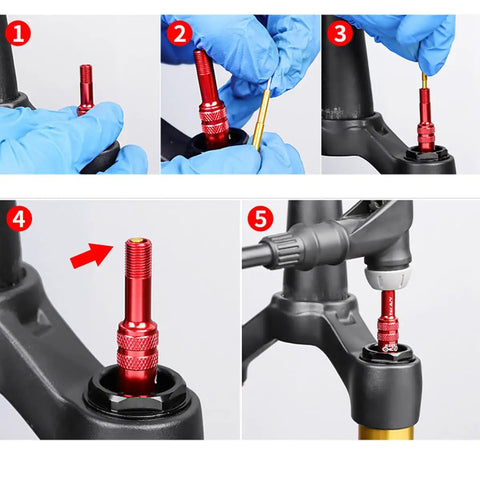 Bicycle Front Fork Valve Adapter For Air Suspension Forks Aluminum Alloy Accessory That Seals Air And Locks In Pressure installation example