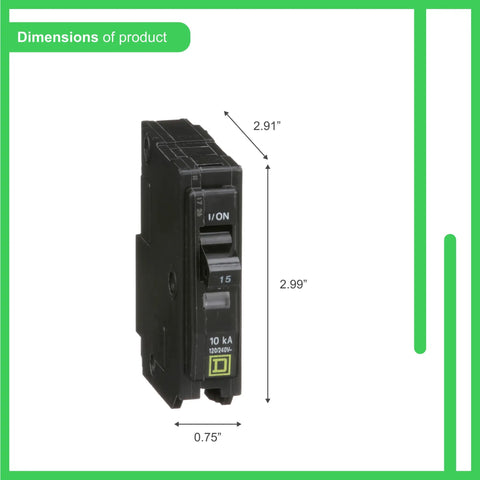 Qwik Open 15 Amp Mini Circuit Breaker 1 Pole 120 To 240 Volt 10kA Breaking Capacity Plug In Mount front view with dimensions