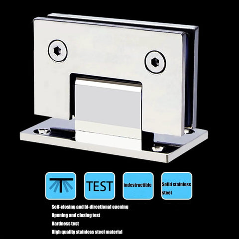Premium Rock Solid Shower Glass Door Hinges For Eight To Twelve Millimeter Tempered Panels SUS304 Stainless Steel hinge close-up.