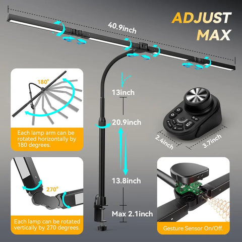 Lit Ultra Bright 4-Head LED Desk Lamp With Clamp, Eye-Caring CRI95+, stepless dimming remote, adjustable gooseneck and arms, gesture sensor.