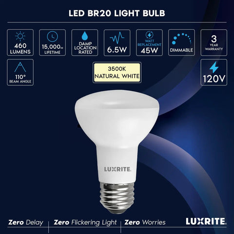 R20 LED Flood Light Bulb 6.5W, 460 Lumens, 3500K Natural White, Dimmable, Energy Star, Damp Rated, E26 Base, Home Use