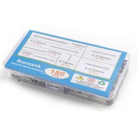 180 Pcs Cotter Pins Assortment Kit With 7 Stainless Steel Sizes for trailer hitches, mowers, trucks in a compact storage case