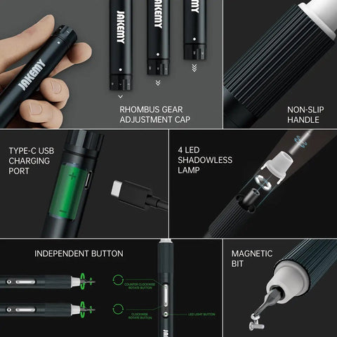 Collage of Cordless Electric Screwdriver Kit With LED Light And USB Rechargeable Power, showing features like torque adjustment, LED light, USB port, magnetic bit.