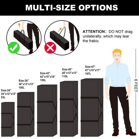 Mid-Size Weekender Travel Duffle Bag, 24x12x12 Inch, 53L Capacity, size comparison chart with multi-size options