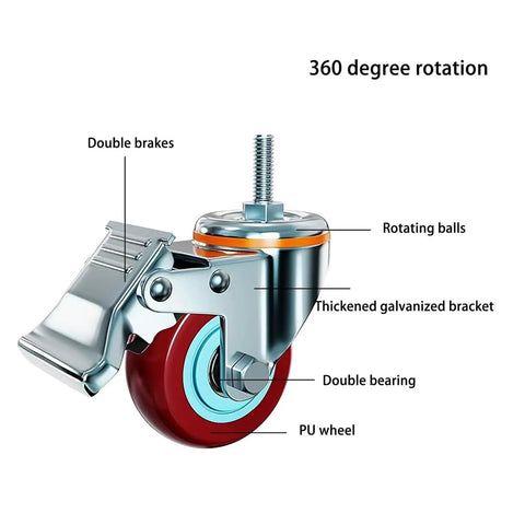 Heavy Duty Swivel Caster Wheels With Brake No Squeak Quiet PU Castors, visible double brakes, thick galvanized bracket, 360 degree rotation