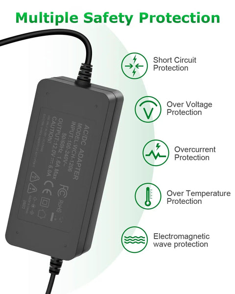 12V 6A Power Supply Adapter 72W With A Go-To 10ft Cord For LED Strip Lights CCTV Security Cameras 3D Printers And Speakers AC DC Transformer 100-240V Input 5.5x2.5mm Plug with multiple safety protection features displayed on label
