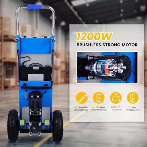 Professional Grade Electric Stair Climbing Dolly Engineered With A Beefy 1200W Brushless Motor That Powers Through Flights While Crushing 880 Lb Hauls Smooth Operation, showcasing the motor.