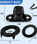 Front view of 25-set marine twist-lock fasteners with turn buttons, eyelets, and stainless screws for canvas on boats.