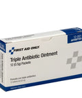 First Aid Only Triple Antibiotic Ointment box, 12 packets (0.5 g), white with blue accents and checkerboard logo.
