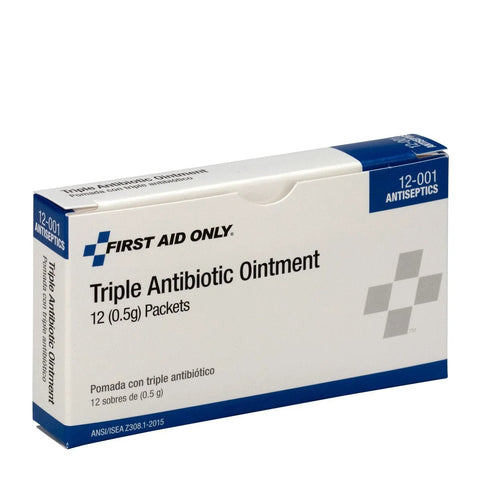 First Aid Only Triple Antibiotic Ointment box, 12 packets (0.5 g), white with blue accents and checkerboard logo.