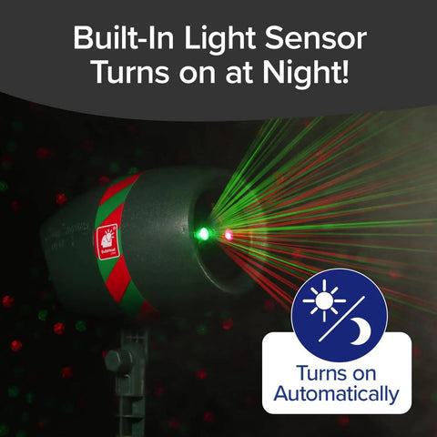 Outdoor Holiday Laser Light Projector Set Of 2 With 9 Enhanced Modes, built-in light sensor, displaying red and green dots.