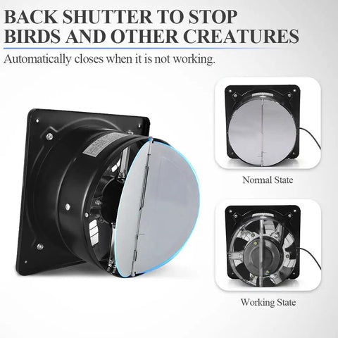6 Inch Black Exhaust Fan With Variable Speed Controller, 110V Wall Mount, Backdraft Damper, shown in normal and working state