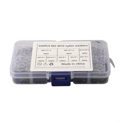 Durable Nylon Washers Assortment Kit 500 Pcs Flat Insulated Corrosion Free M2 To M10 For Industrial Auto And Electrical Repairs Premium Nylon Hardware Set To Keep Screws And Bolts Organized And Protected. Clear storage box with labeled M2-M10 nylon washers