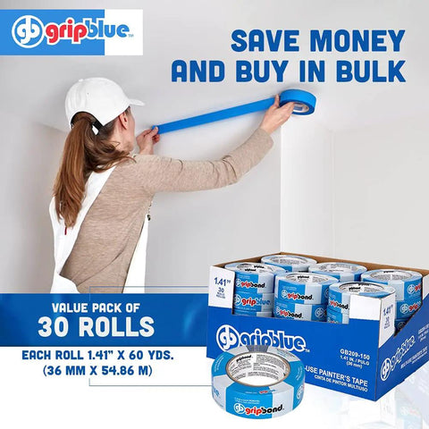 Blue Painter's Tape Pro-Grade 1.5 Inch Wide, 30 Rolls Masking Tape For Sharp Lines And Clean Edges, person applying tape on wall