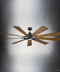 Top Shelf Large Ceiling Fan With Classic Americana Vibes And A Real Deal Heavy Duty Steel Build Featuring A Sharp Distressed Black Finish And Smooth Operator Airflow For Bold Interior Spaces, displaying eight wooden blades.