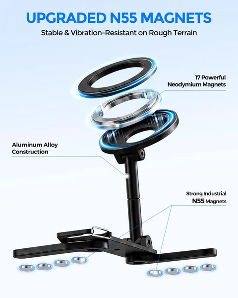 Universal Magnetic Golf Cart Phone Holder With 360 Degree Rotating Mount featuring strong N55 magnets and aluminum alloy handle.