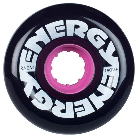 Close-up of Energy 65 Quad Roller Skate Wheels Set For Outdoor Rolling, 78A urethane, black with pink hub, single wheel view.