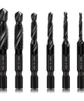Six-piece HSS drill and tap bit set with anti-rust black coating; SAE sizes 6-32NC to 1/4-20NC, hex shanks.