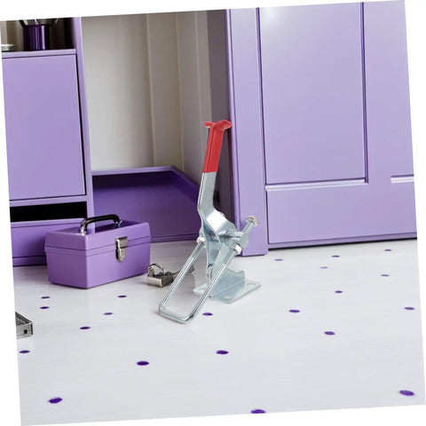 Super Tough Two Pack Heavy Duty Toggle Latch Clamps With Galvanized Iron Build and Massive 2183 Pound Holding Power For Your Work Jigs Or Chest Drawers in use beside purple toolbox.