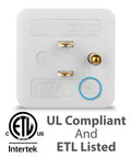 Back view of Three Outlet Wall Tap Cube Power Adapter With 90 Degree Plug For Home Or Travel Expands Outlets From A Wall Socket With 3 Prong Splitter ETL Listed 125V Three Way Plug Converter showing certifications