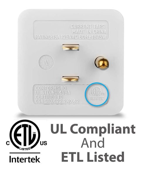 Back view of Three Outlet Wall Tap Cube Power Adapter With 90 Degree Plug For Home Or Travel Expands Outlets From A Wall Socket With 3 Prong Splitter ETL Listed 125V Three Way Plug Converter showing certifications