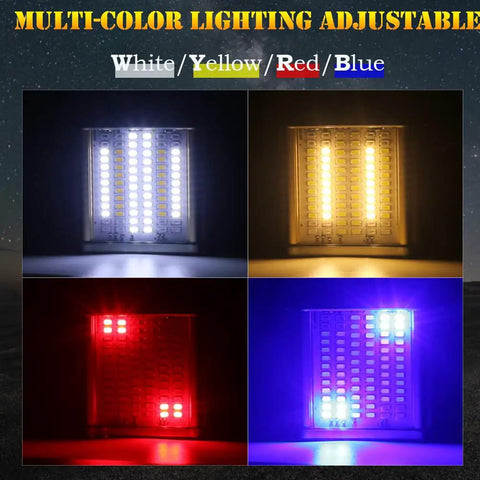 Beast Mode Bright 90000 Lumen Hunting Headlamp With 9 Core Wide Beam multi-color LED display in white, yellow, red, and blue light.