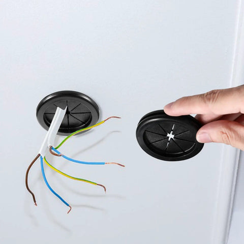 4 Pack Heavy Duty Rubber Grommets For Wiring, 2 Inch Black Firewall Plug Insert, shown with exposed wires and hand placing grommet.