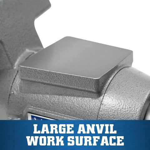Multi-Purpose Bench Vise With 6-1/2 Inch Jaw Width And 6-1/4 Inch Opening, 3-1/4 Inch Throat, 360 Degree Rotating Head, Indexed At 30 Degree Increments, Replaceable Hardened Steel Jaws, Built-In Anvil, Serrated Jaws For Secure Grip. Built-in anvil work surface on gray bench vise