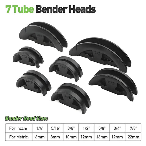 Josby Hydraulic Pipe Bender Tool 6-22Mm Manual Bending Machine With Color Coded Dies, set of 7 tube bender heads for various sizes.